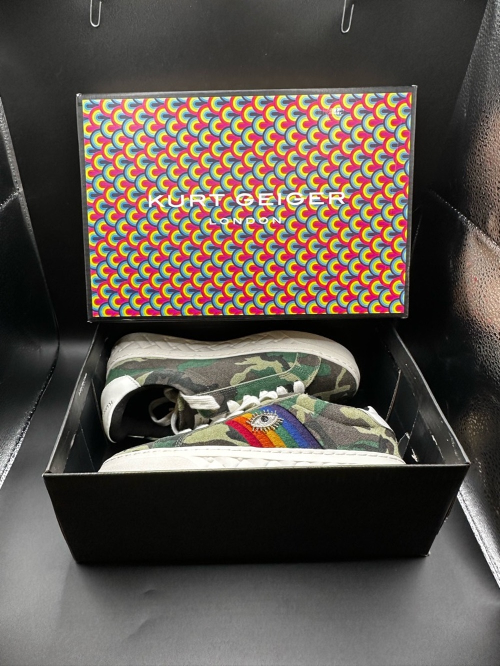 Kurt Geiger Camouflage Sneakers with Rainbow Stripe and Eye Emblem W-5 - Picture 11 of 13